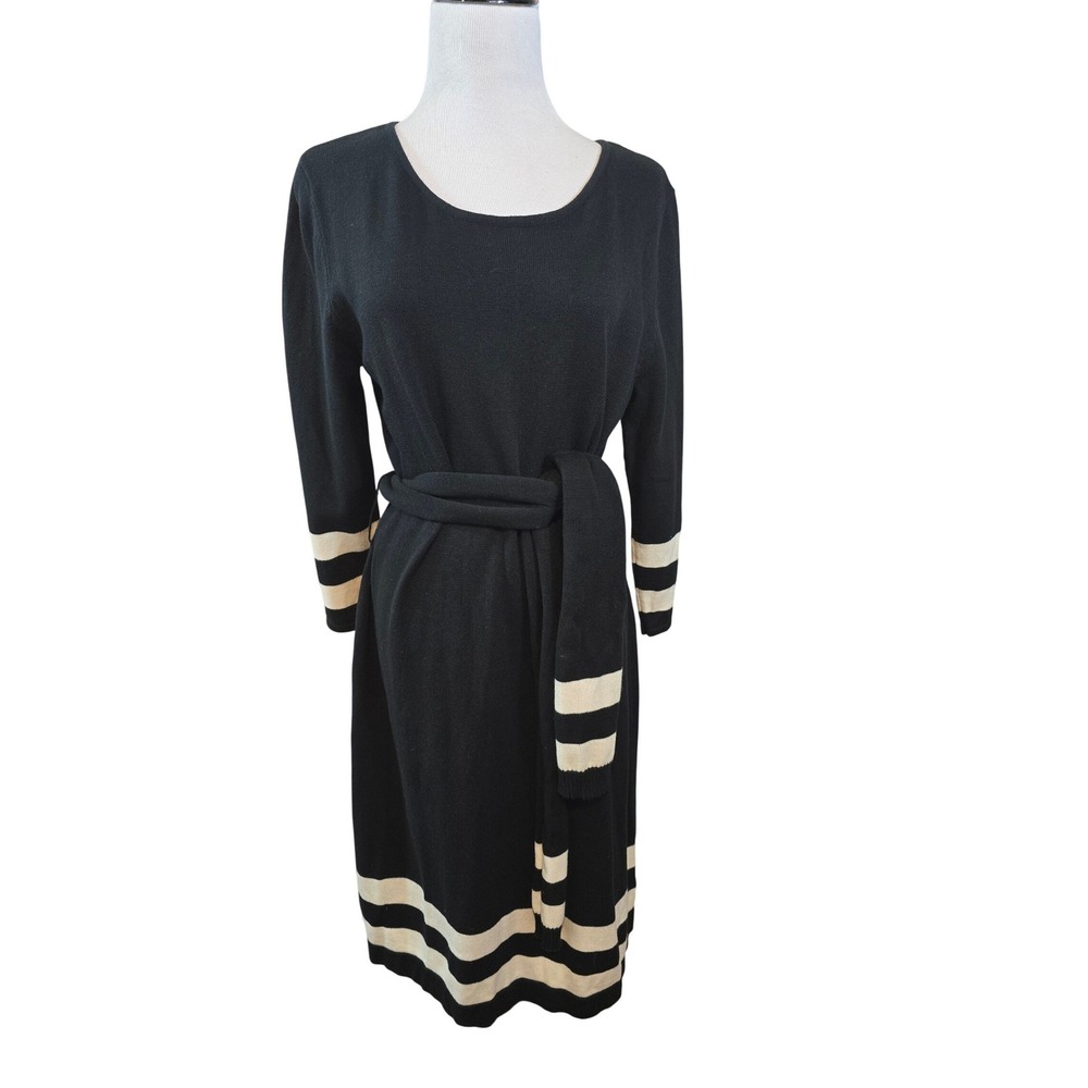 Lennie for Nina Leonard‎ Black Stripe Knit Belted Midi Sweater Dress Size L